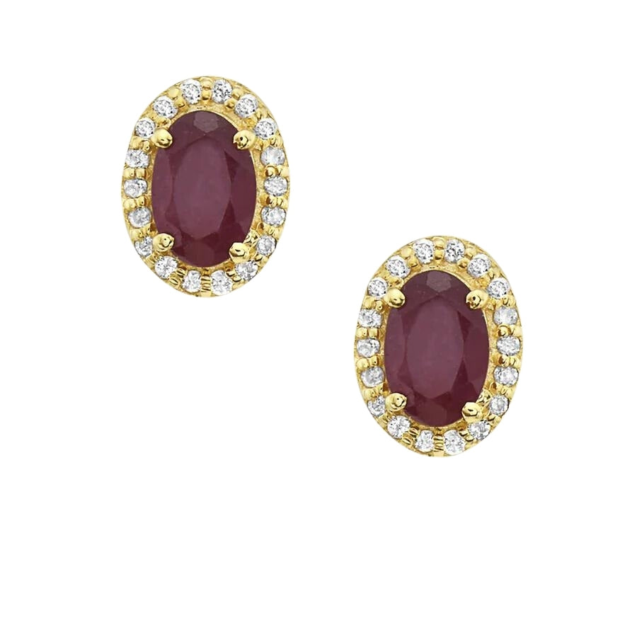 Ruby Oval Halo Diamonds Studs Earrings