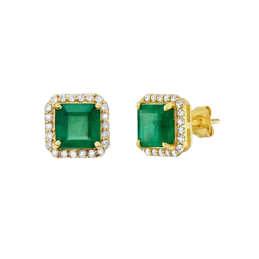 Princess Cut Emerald With Diamond Halo Studs